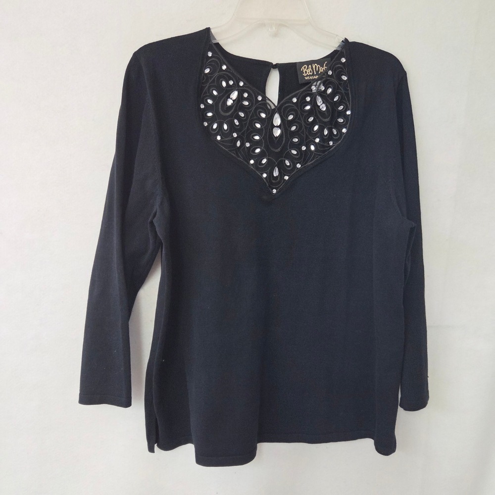 Bob Mackie Wearable Art Sweater Women Large Black‎ Rhinestone Embroidered V-Neck